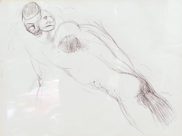 Kevin Pearsh (b.1951), Stylised embracing couple, signed, ink sketch, 20 x 27cm